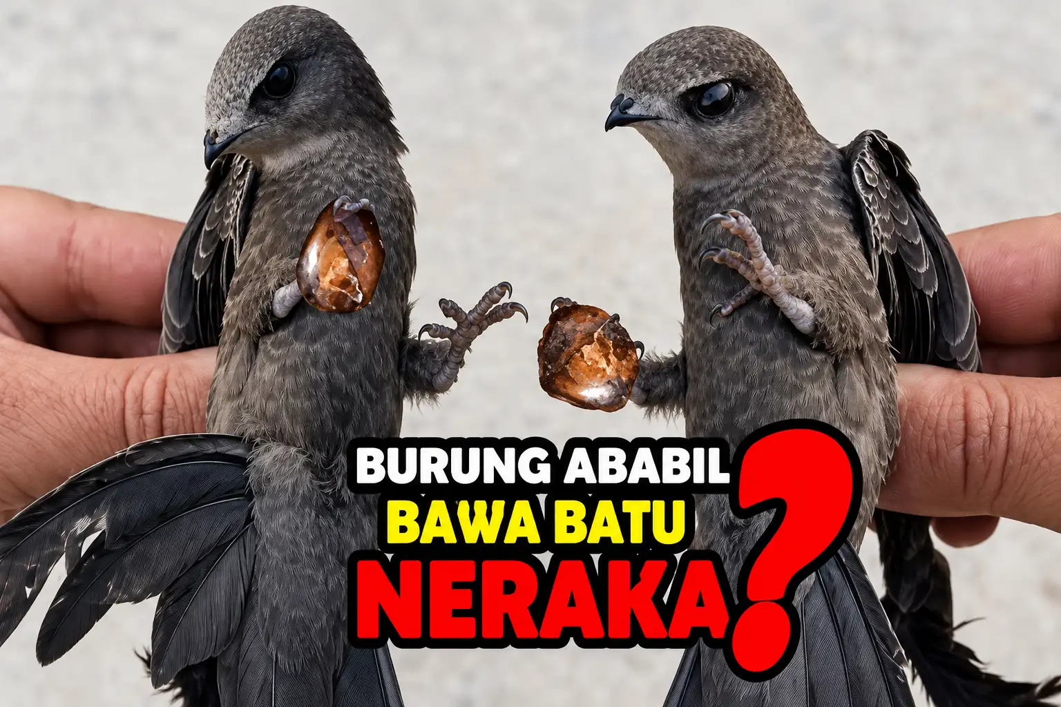 Dua burung layang-layang memegang batu kecil di kakinya, dengan teks “Burung Ababil bawa batu neraka?”