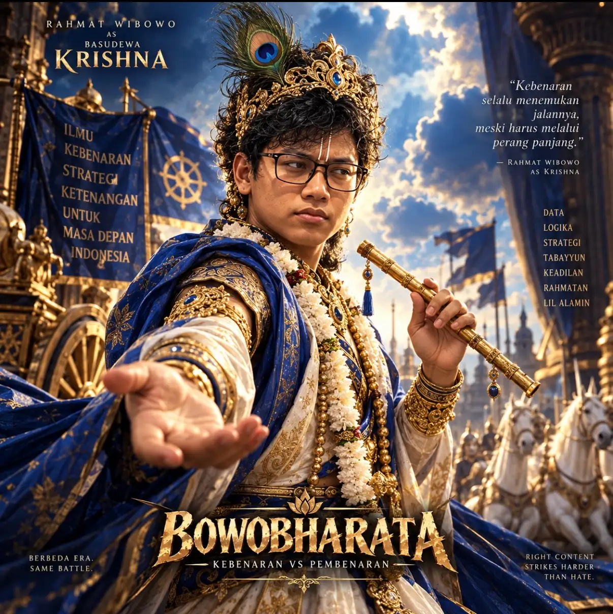 Ilustrasi AI Rahmat Wibowo sebagai Basudewa Krishna dengan seruling, bendera biru, dan kereta berkuda putih.