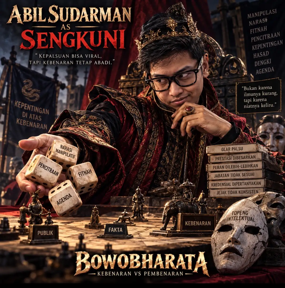 Ilustrasi AI Abil Sudarman sebagai Sengkuni dengan dadu, topeng, dan papan permainan.