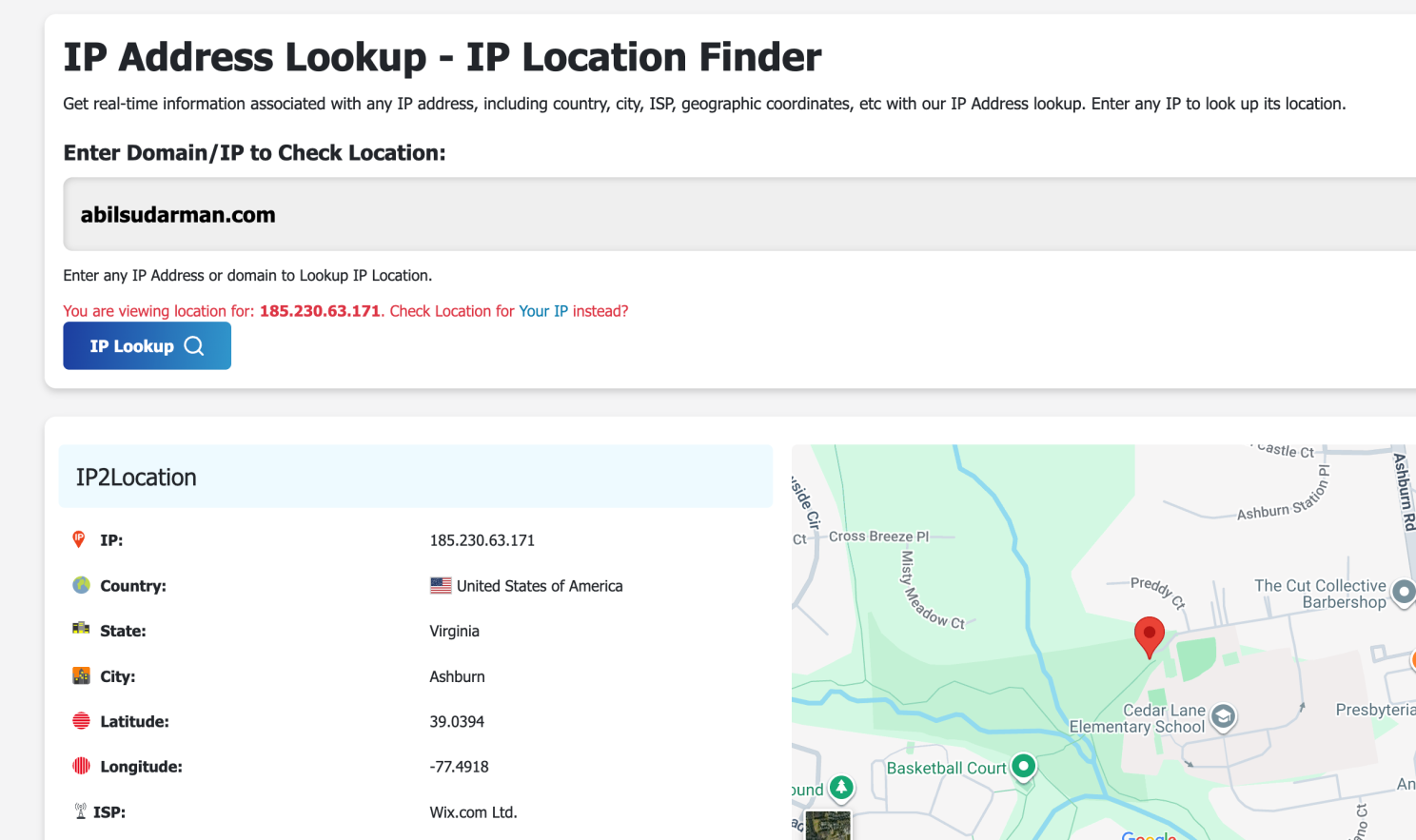 Pencarian IP untuk abilsudarman.com: IP 185.230.63.171, Ashburn, Virginia, ISP Wix.com Ltd. (dari laporan sebelumnya)