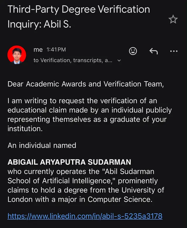 Email berjudul Third-Party Degree Verification Inquiry: Abil S. kepada tim verifikasi universitas