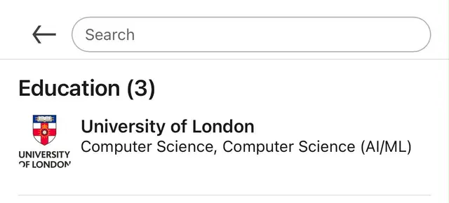 Bagian Education pada profil LinkedIn: University of London, Computer Science, Computer Science (AI/ML)