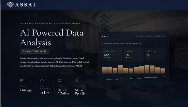 Halaman ASSAI untuk kursus AI Powered Data Analysis: 2 minggu, 24 jam, hybrid atau online, mulai Rp 1,6 juta