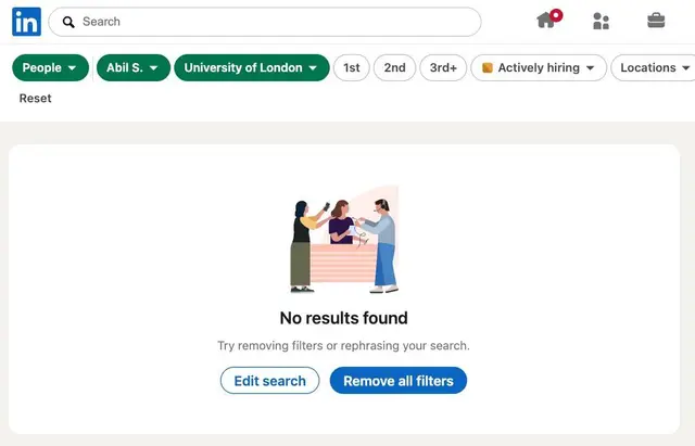 Pencarian orang di LinkedIn dengan nama Abil S. dan filter University of London menampilkan No results found