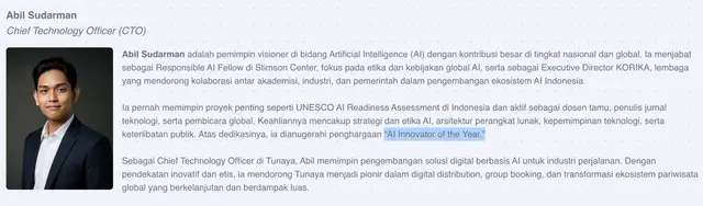 Profil Abil Sudarman sebagai Chief Technology Officer Tunaya dengan kalimat AI Innovator of the Year disorot