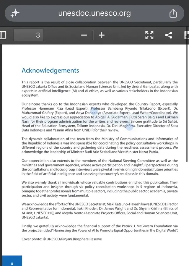 Halaman Acknowledgements dokumen di unesdoc.unesco.org dengan kalimat yang menyebut Abigail A. Sudarman, Putri Sarah Balqis dan Lukman Nasir disorot